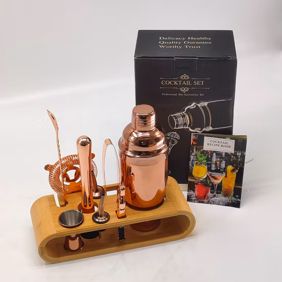 201 Kit de coquetel de aço inoxidável Shaker Mixer Drink Bartender Martini Set com base de madeira